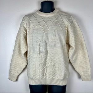 90s Irish Fisherman Sweater Wool Novelty Boat Lighthouse and Shamrock Mens Small